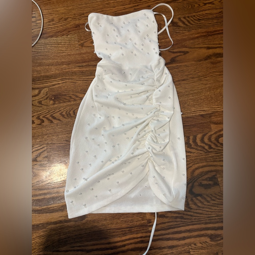 Windsor Mini White Ruched Dress with Pearls